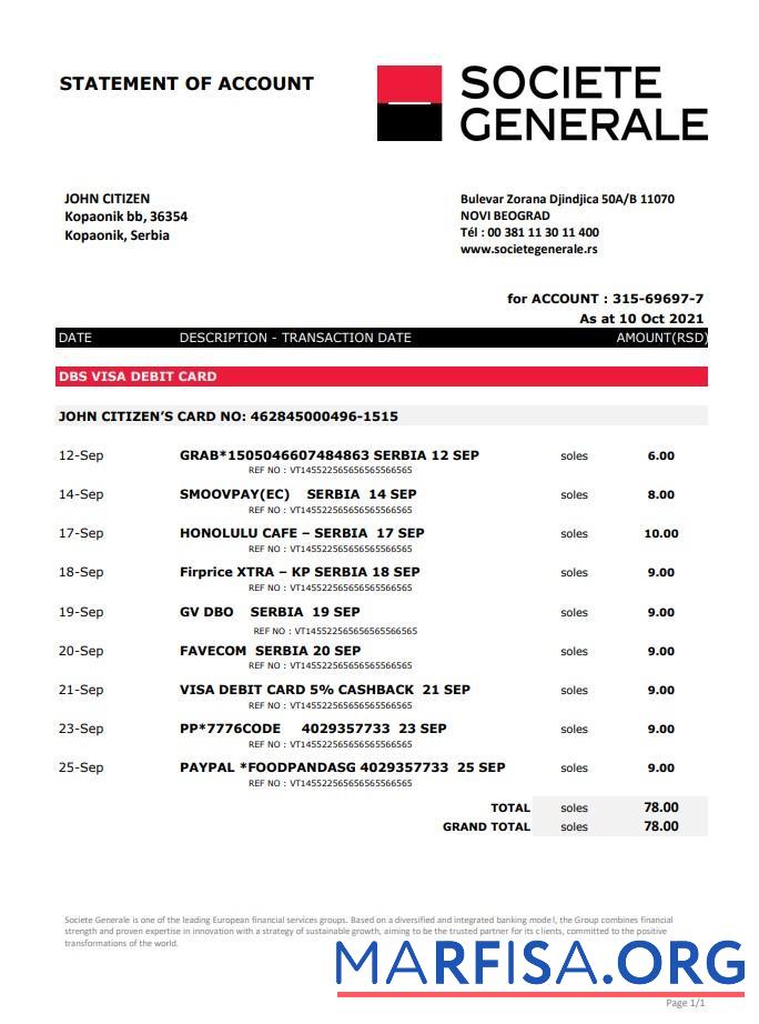 Downloadable Serbia Societe Generale bank statement excel example